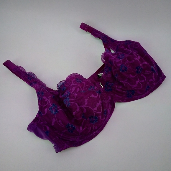 Vintage Frederick's of Hollywood Lace Purple Navy Flowers Bra 42D - Picture 2 of 11